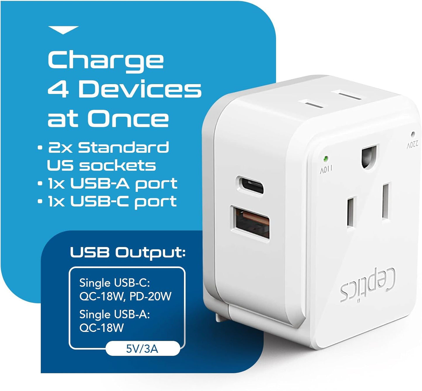 Europe Plug Adapter, Safe Dual USB & USB-C 3.1A - 2 USA Outlet - Compact & Powerful - Use Euro, Greece, Italy, Switzerland, Turkey, Portugal - Includes Type C Swadapt Attachment