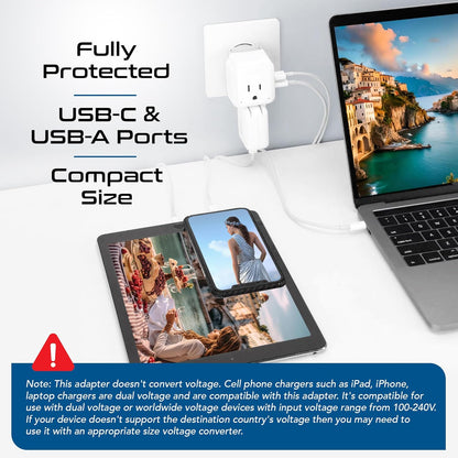 Europe Plug Adapter,  Safe Dual USB & USB-C 3.1A - 2 USA Outlet - Compact & Powerful - Use Euro, Greece, Italy, Switzerland, Turkey, Portugal - Includes Type C Swadapt Attachment