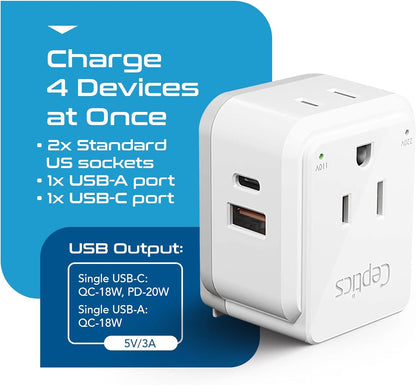 Europe Plug Adapter,  Safe Dual USB & USB-C 3.1A - 2 USA Outlet - Compact & Powerful - Use Euro, Greece, Italy, Switzerland, Turkey, Portugal - Includes Type C Swadapt Attachment