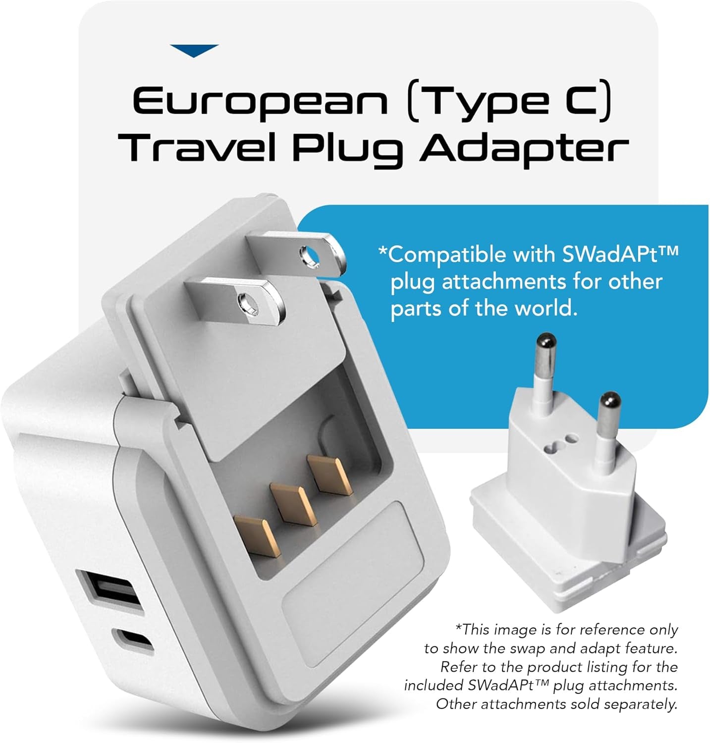 Europe Plug Adapter,  Safe Dual USB & USB-C 3.1A - 2 USA Outlet - Compact & Powerful - Use Euro, Greece, Italy, Switzerland, Turkey, Portugal - Includes Type C Swadapt Attachment