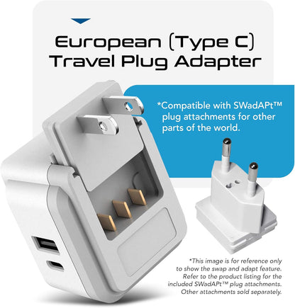 Europe Plug Adapter,  Safe Dual USB & USB-C 3.1A - 2 USA Outlet - Compact & Powerful - Use Euro, Greece, Italy, Switzerland, Turkey, Portugal - Includes Type C Swadapt Attachment