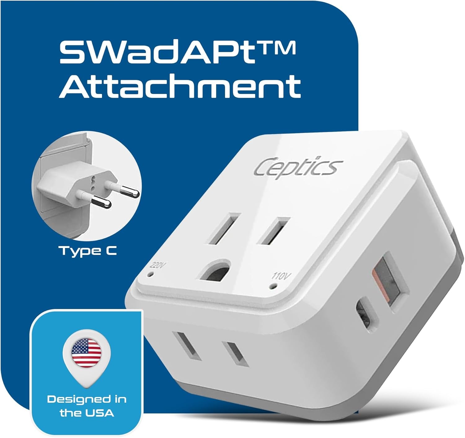 Europe Plug Adapter,  Safe Dual USB & USB-C 3.1A - 2 USA Outlet - Compact & Powerful - Use Euro, Greece, Italy, Switzerland, Turkey, Portugal - Includes Type C Swadapt Attachment